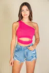 Fashnzfab Women's Ribbed Knit Cut Out One Shoulder Crop Top In Pink
