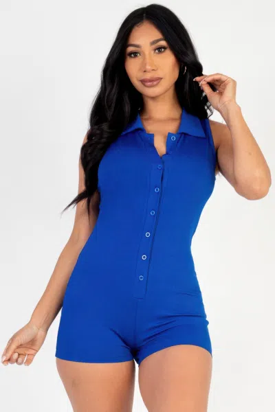 Fashnzfab Women's Ribbed Knit Sleeveless Button Front Romper In Blue