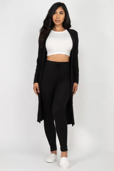 Fashnzfab Women's Ribbed Long Cardigan & Leggings Set In Black