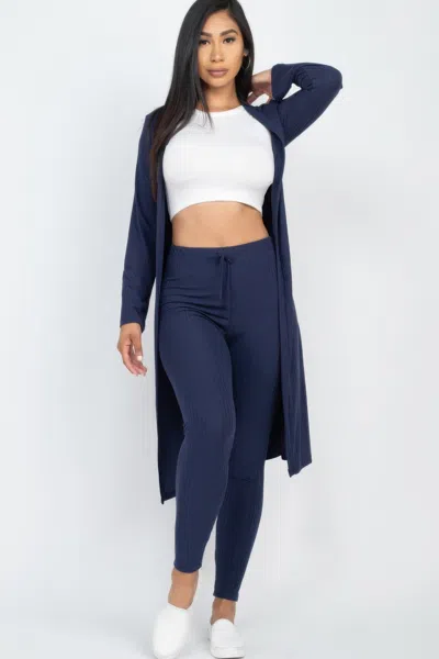 Fashnzfab Women's Ribbed Long Cardigan & Leggings Set In Blue