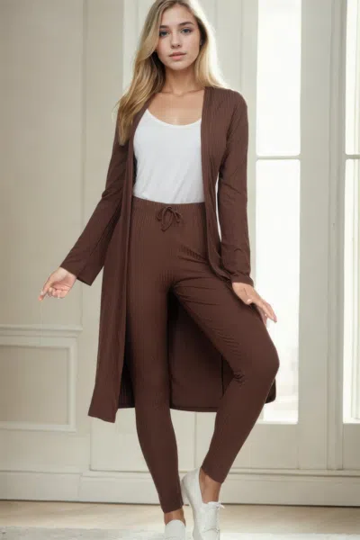 Fashnzfab Women's Ribbed Long Cardigan & Leggings Set In Brown