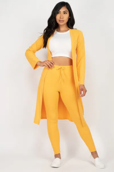 Fashnzfab Women's Ribbed Long Cardigan & Leggings Set In Gold
