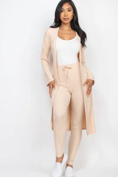 Fashnzfab Women's Ribbed Long Cardigan & Leggings Set In Green