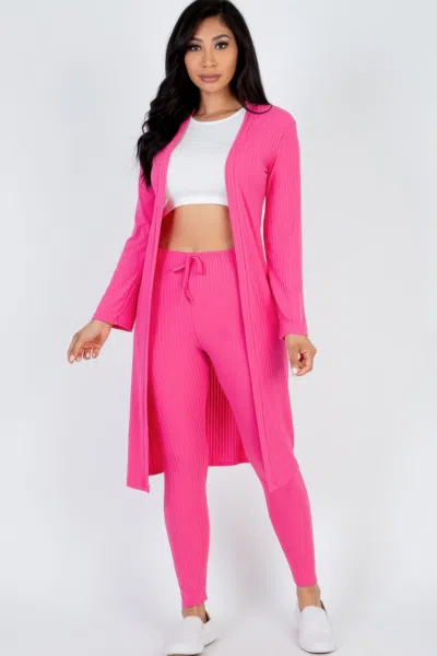 Fashnzfab Women's Ribbed Long Cardigan & Leggings Set In Pink