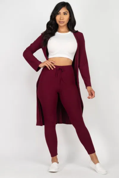 Fashnzfab Women's Ribbed Long Cardigan & Leggings Set In White