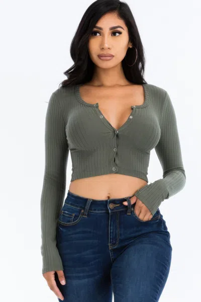 Fashnzfab Women's Ribbed Long Sleeve Snap Button Down Crop Top In Green