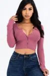 Fashnzfab Women's Ribbed Long Sleeve Snap Button Down Crop Top In Multi