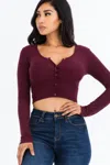 Fashnzfab Women's Ribbed Long Sleeve Snap Button Down Crop Top In Red