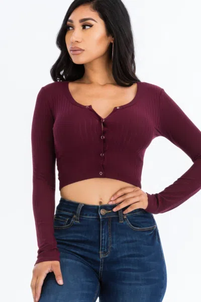 Fashnzfab Women's Ribbed Long Sleeve Snap Button Down Crop Top In Red