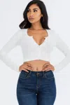 Fashnzfab Women's Ribbed Long Sleeve Snap Button Down Crop Top In White
