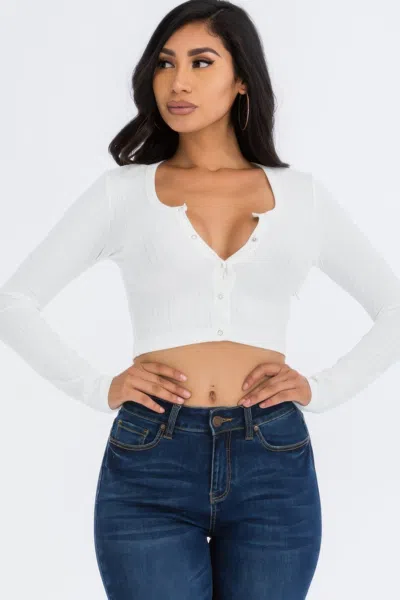 Fashnzfab Women's Ribbed Long Sleeve Snap Button Down Crop Top In White