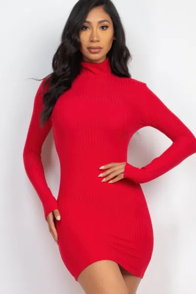 Fashnzfab Women's Ribbed Mock Neck Bodycon Mini Dress In Red
