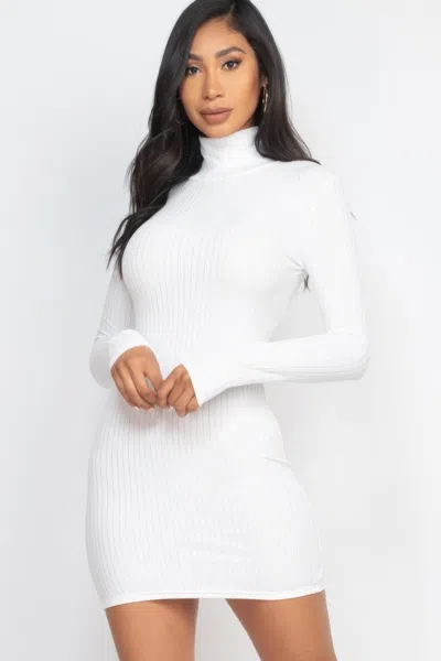 Fashnzfab Women's Ribbed Mock Neck Bodycon Mini Dress In White