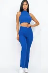 Fashnzfab Women's Ribbed Mock Neck Crop Tank Top & Bootcut Pants Set In Blue