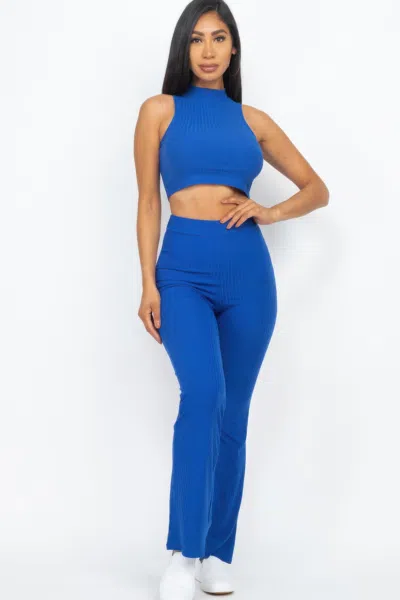 Fashnzfab Women's Ribbed Mock Neck Crop Tank Top & Bootcut Pants Set In Blue