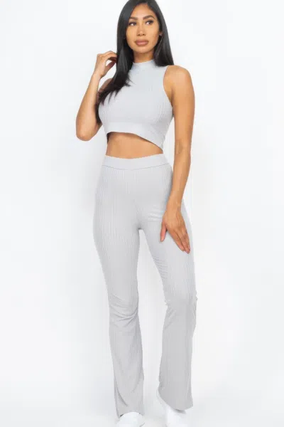 Fashnzfab Women's Ribbed Mock Neck Crop Tank Top & Bootcut Pants Set In Grey