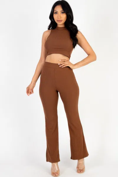 Fashnzfab Women's Ribbed Mock Neck Crop Tank Top & Bootcut Pants Set In Multi