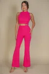 Fashnzfab Women's Ribbed Mock Neck Crop Tank Top & Bootcut Pants Set In Pink