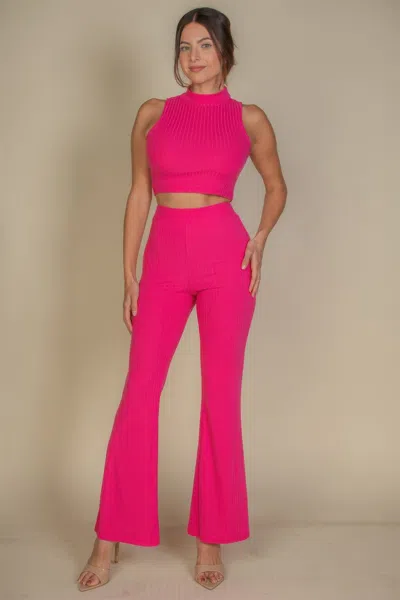 Fashnzfab Women's Ribbed Mock Neck Crop Tank Top & Bootcut Pants Set In Pink