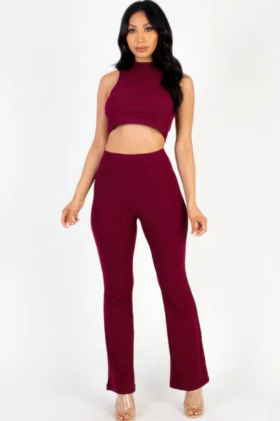Fashnzfab Women's Ribbed Mock Neck Crop Tank Top & Bootcut Pants Set In White