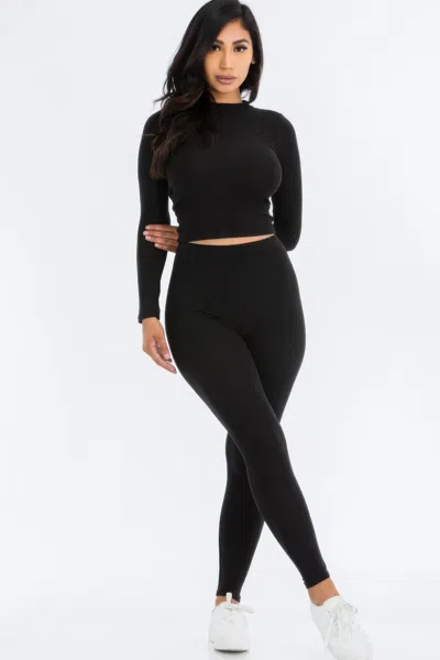 Fashnzfab Women's Ribbed Mock Neck Long Sleeve Top & Leggings Set In Black