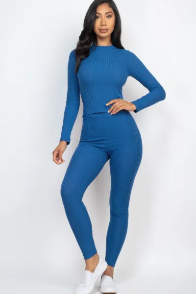 Fashnzfab Women's Ribbed Mock Neck Long Sleeve Top & Leggings Set In Blue