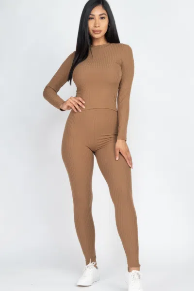 Fashnzfab Women's Ribbed Mock Neck Long Sleeve Top & Leggings Set In Brown