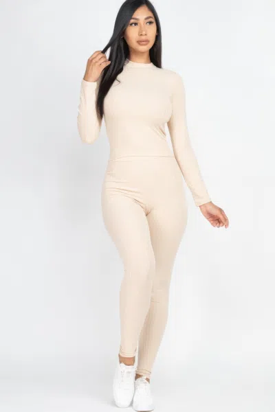Fashnzfab Women's Ribbed Mock Neck Long Sleeve Top & Leggings Set In Green