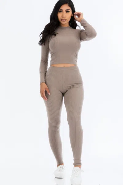 Fashnzfab Women's Ribbed Mock Neck Long Sleeve Top & Leggings Set In Grey