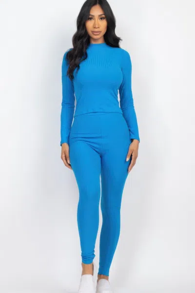 Fashnzfab Women's Ribbed Mock Neck Long Sleeve Top & Leggings Set In Multi