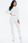 Fashnzfab Women's Ribbed Mock Neck Long Sleeve Top & Leggings Set In White