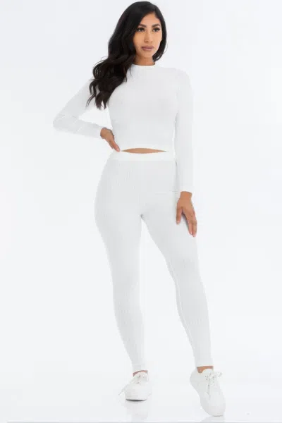 Fashnzfab Women's Ribbed Mock Neck Long Sleeve Top & Leggings Set In White