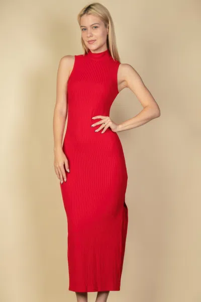 Fashnzfab Women's Ribbed Mock Neck Side Slit Sleeveless Bodycon Maxi Dress In Red