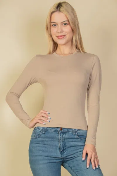 Fashnzfab Women's Ribbed Round Neck Long Sleeve Top In Grey
