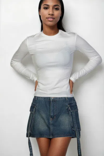 Fashnzfab Women's Ribbed Round Neck Long Sleeve Top In White