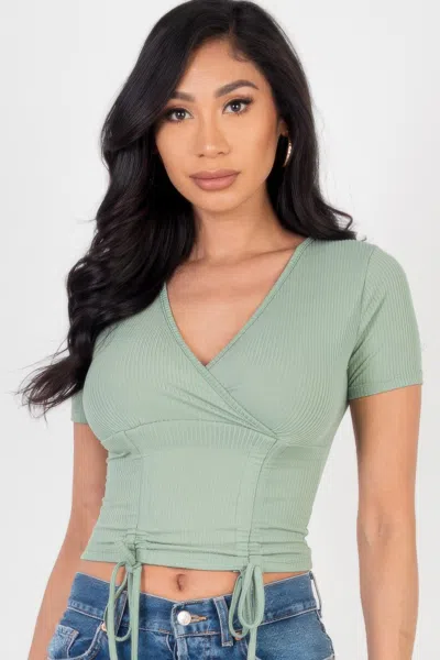 Fashnzfab Women's Ribbed Ruched Drawstring Surplice Top In Multi