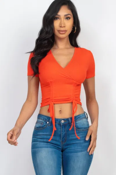 Fashnzfab Women's Ribbed Ruched Drawstring Surplice Top In Orange