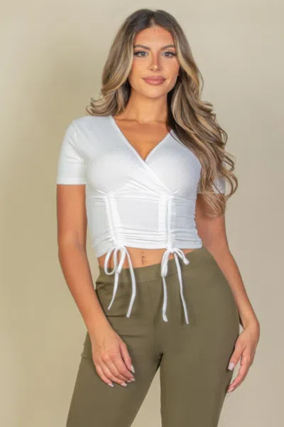 Fashnzfab Women's Ribbed Ruched Drawstring Surplice Top In White