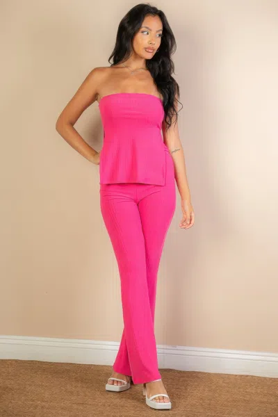 Fashnzfab Women's Ribbed Side Slit Bandeau Top & Flare Pants Set In Pink