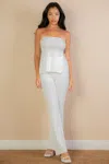 Fashnzfab Women's Ribbed Side Slit Bandeau Top & Flare Pants Set In White