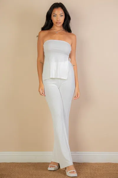 Fashnzfab Women's Ribbed Side Slit Bandeau Top & Flare Pants Set In White
