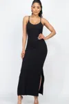 Fashnzfab Women's Ribbed Side Slit Long Cami Dress In Black