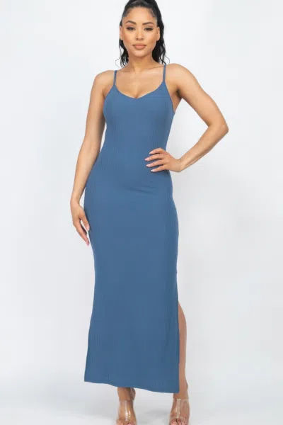 Fashnzfab Women's Ribbed Side Slit Long Cami Dress In Blue
