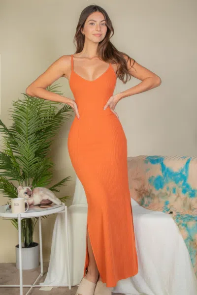 Fashnzfab Women's Ribbed Side Slit Long Cami Dress In Orange