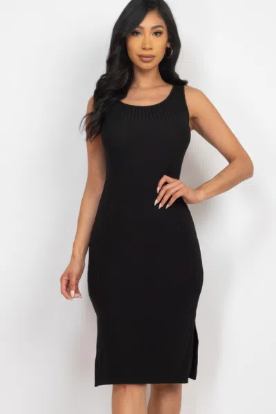 Fashnzfab Women's Ribbed Side Slit Tank Midi Dress In Black