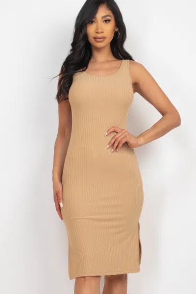Fashnzfab Women's Ribbed Side Slit Tank Midi Dress In Green
