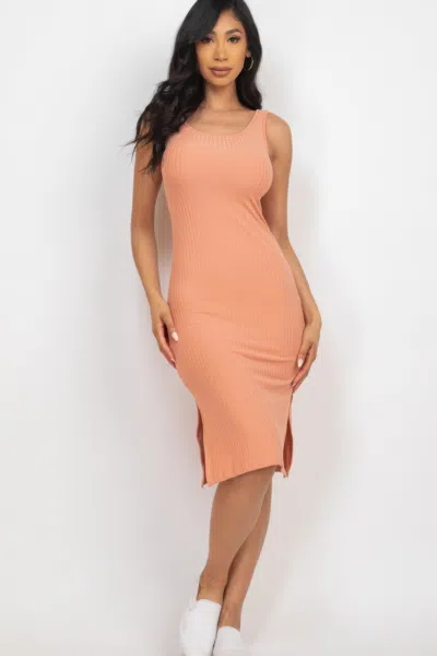 Fashnzfab Women's Ribbed Side Slit Tank Midi Dress In Pink