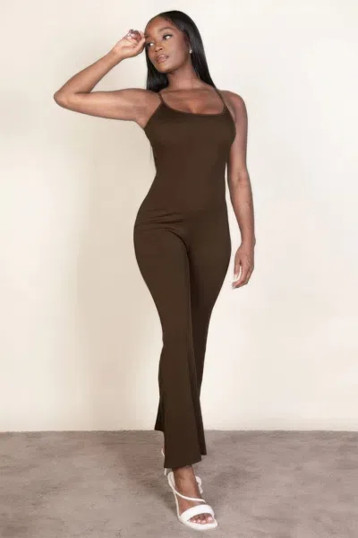Fashnzfab Women's Ribbed Sleeveless Wide Leg Jumpsuit In Brown