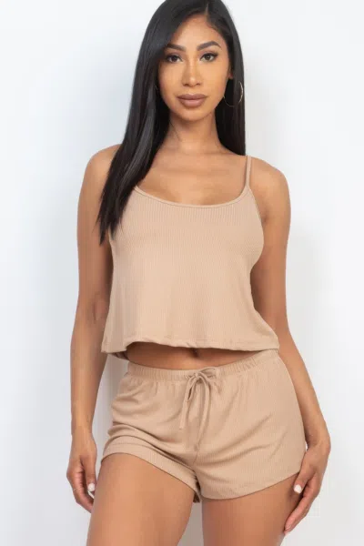 Fashnzfab Women's Ribbed Strappy Top & Shorts Set In Beige