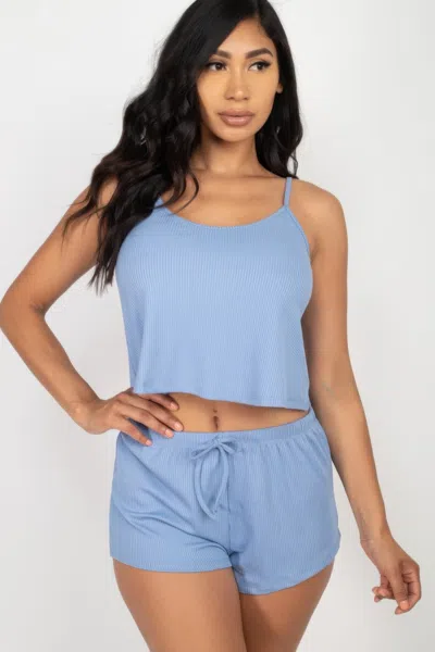 Fashnzfab Women's Ribbed Strappy Top & Shorts Set In Grey